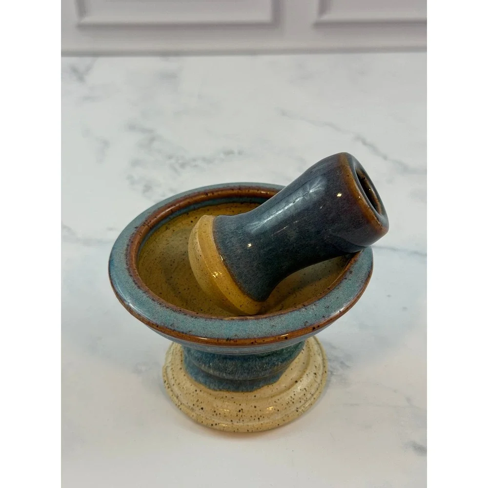 Handmade Ceramic Studio Pottery Blue Drip Glaze Mortar and Pestle